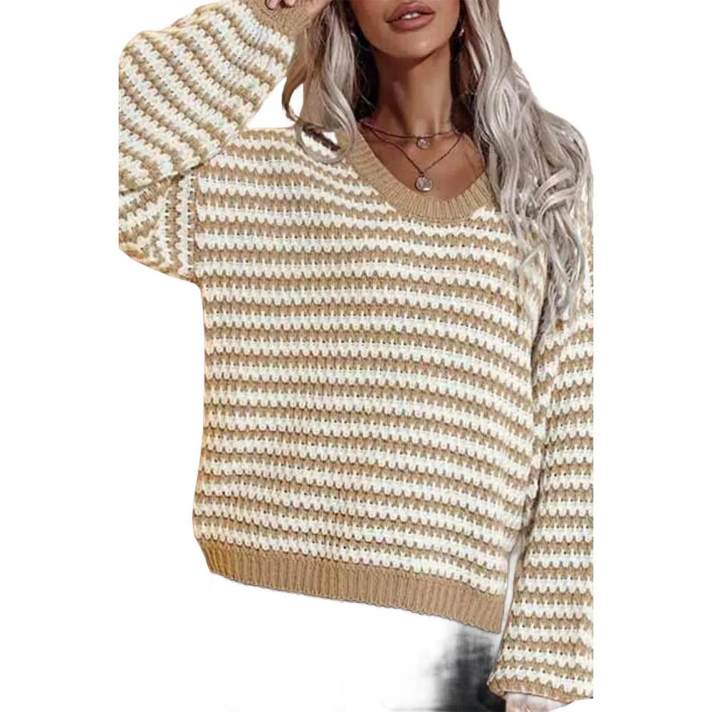 NEW ESLEY COLLECTION striped v-neck knit sweater in khaki/white